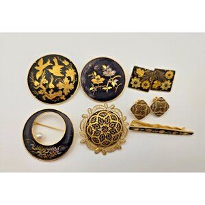 Vintage Damascene Jewelry Lot of 7 Brooches Earrings Tie Bar Amita
